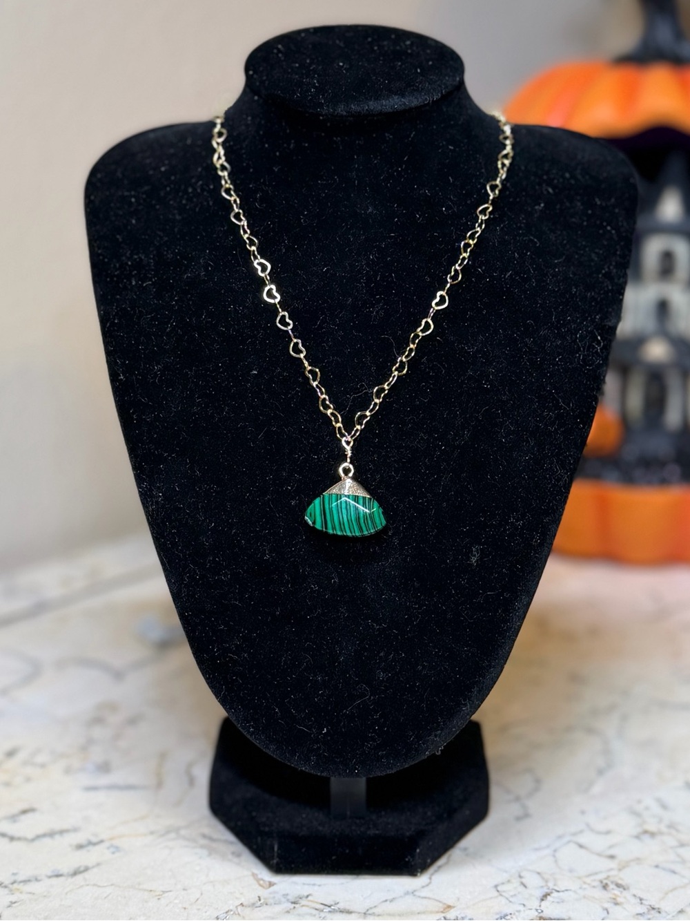 Gold-tone Heart Chain, With Malachite Crystal- Handmade